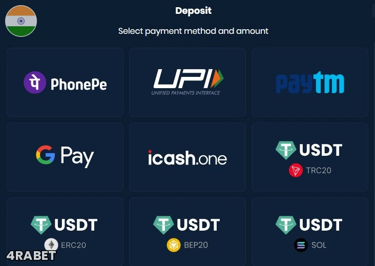 4Rabet cashier deposit method selection screen