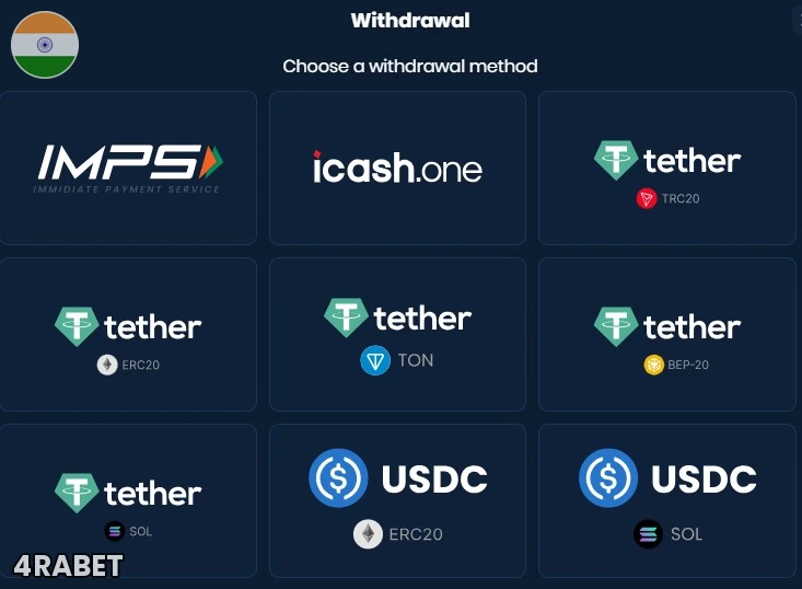 4Rabet withdrawal method selection screen